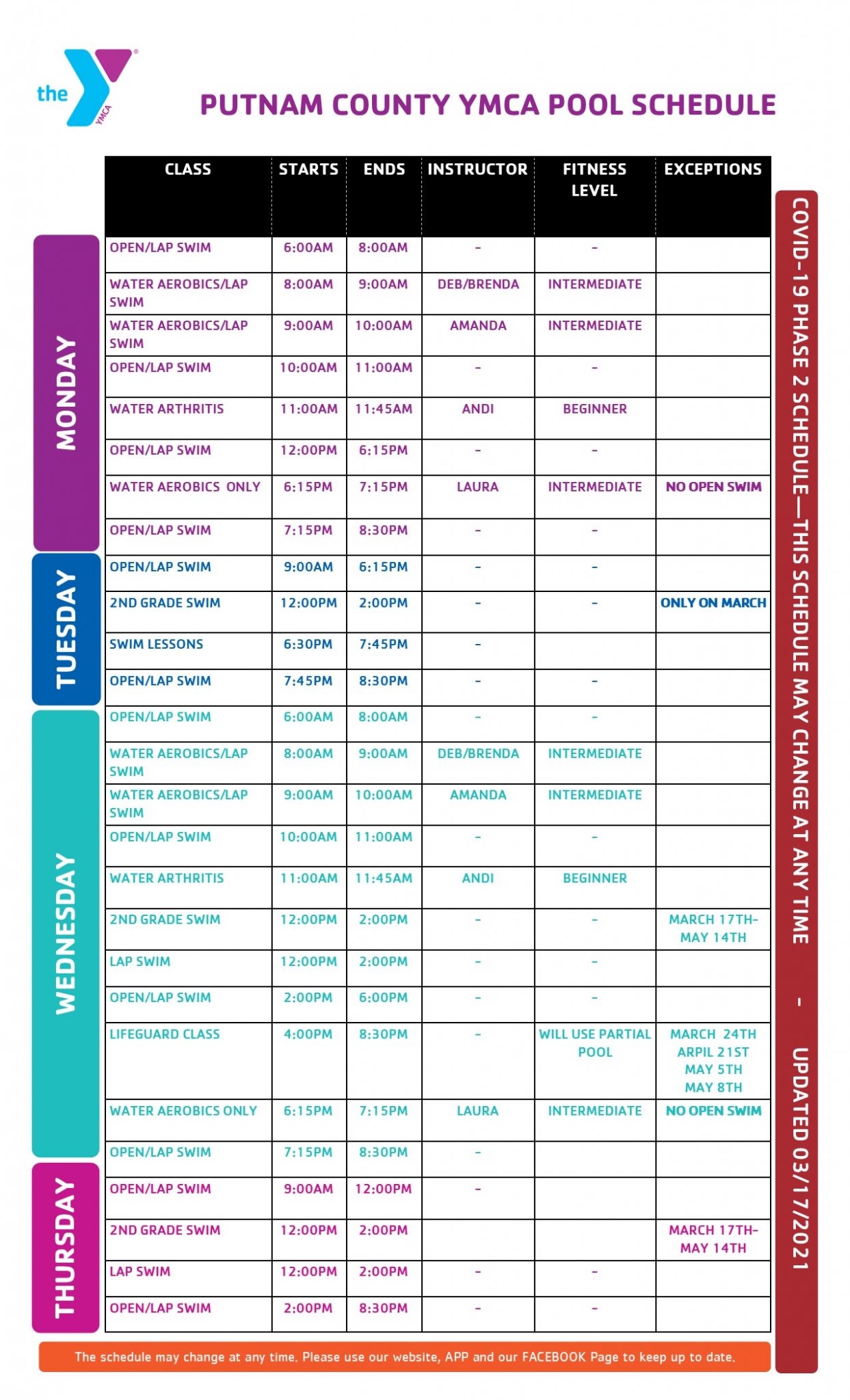 Pool Schedule Phase 2  Putnam County YMCA