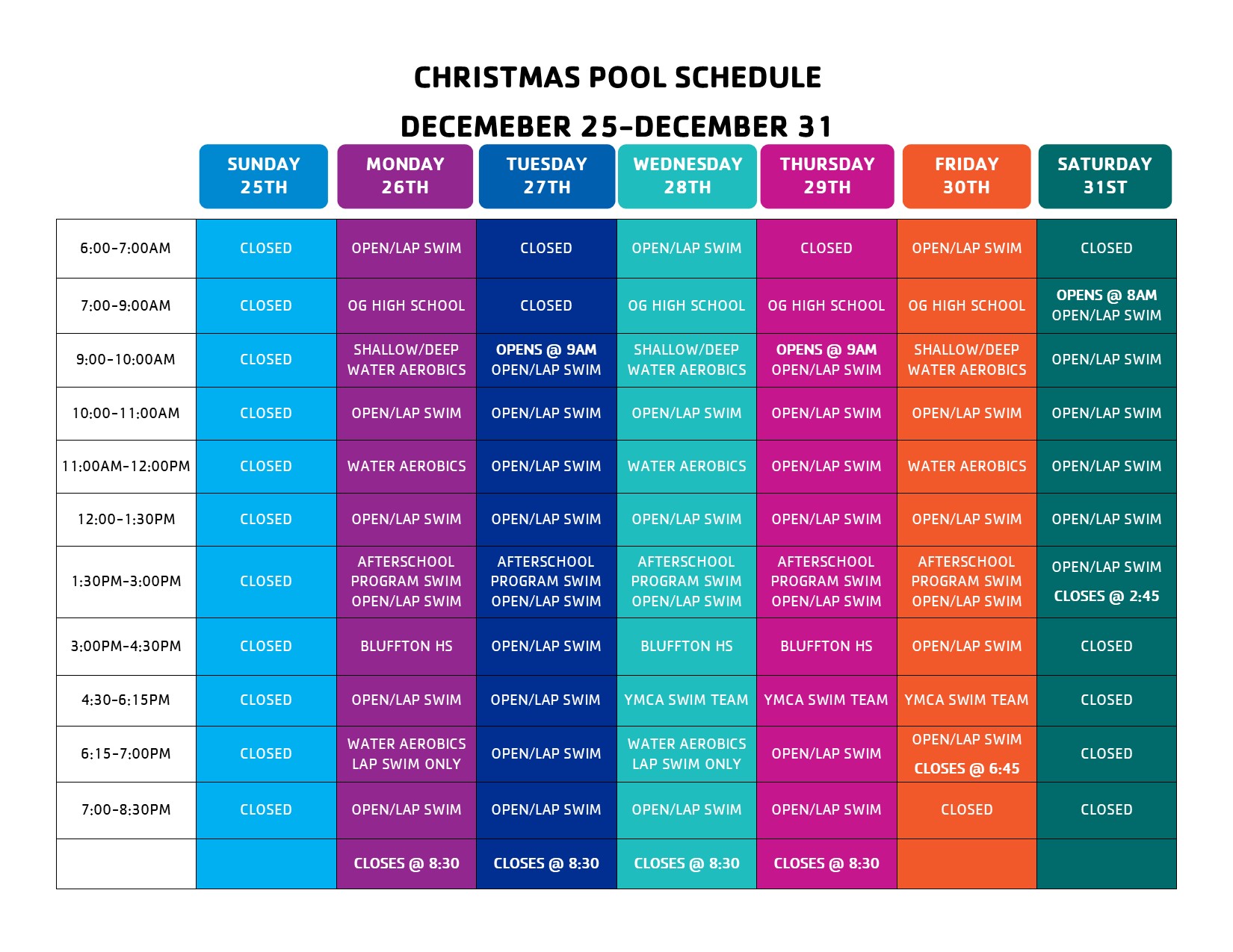 Putnam County YMCA Pool Schedule