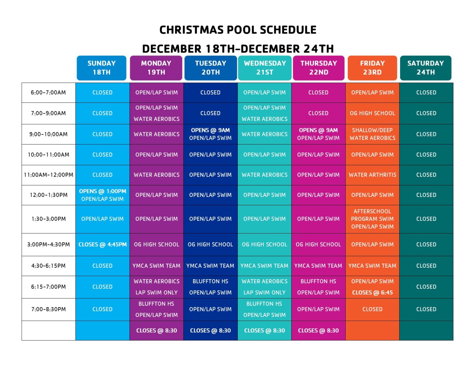 Putnam County YMCA Pool Schedule